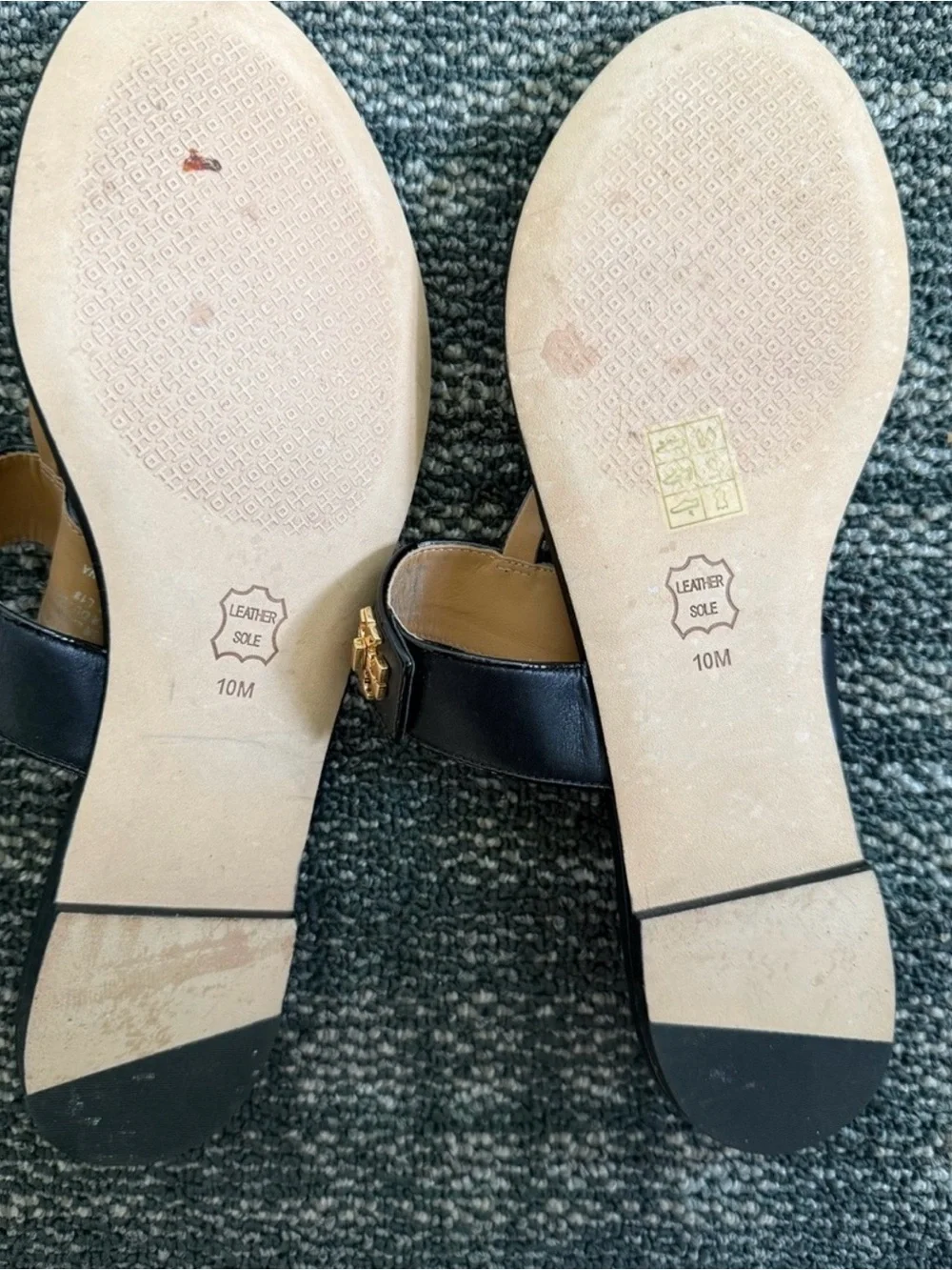 Tory Burch Black Leather Logo Thong Sandals with Tan Insole